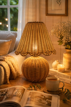 Rattan Table Lamp – Cozy Warm Light Bedside Lamp, Boho Wicker Mushroom Lamp for Bedroom Living Room（M30）