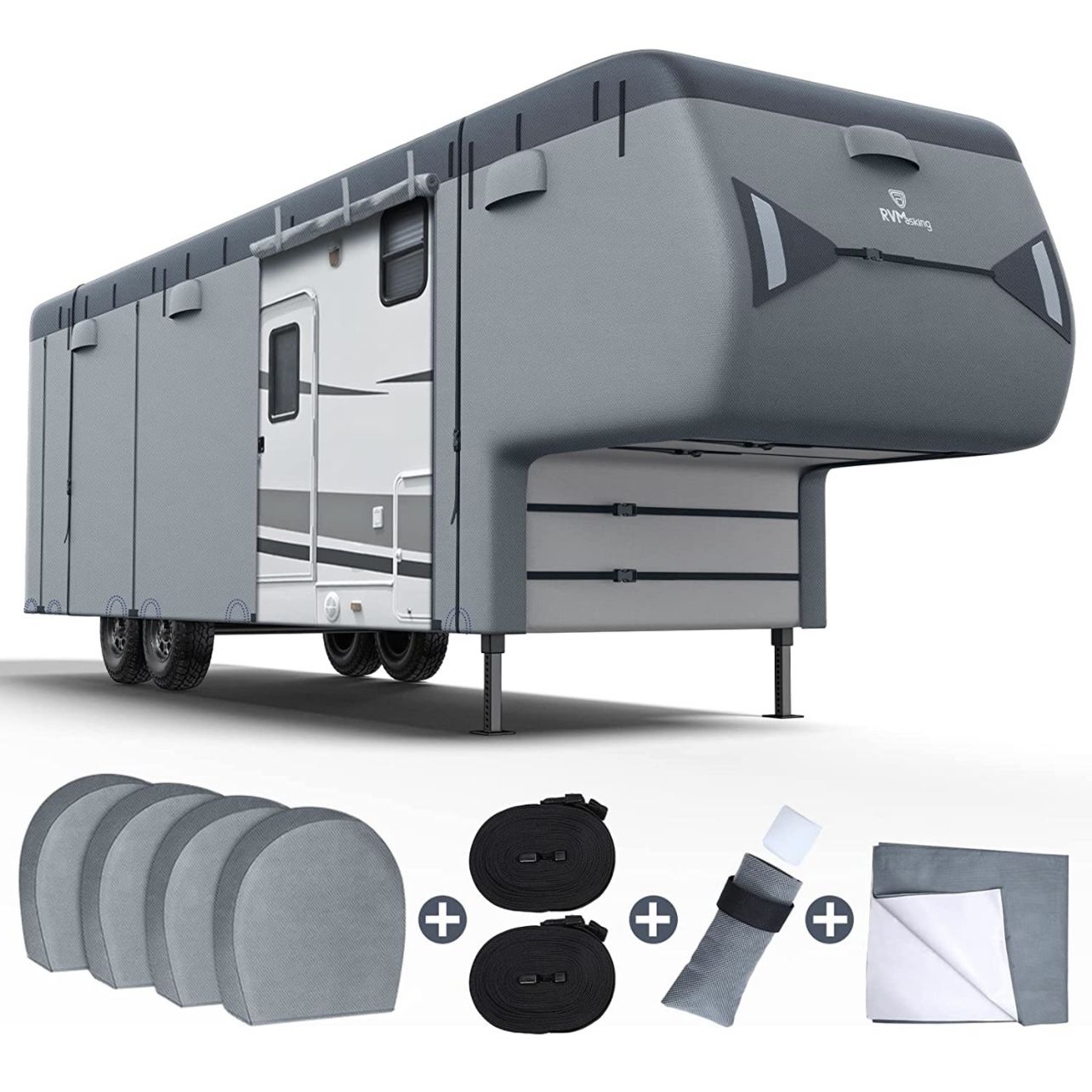 RVMasking 7 Layers top 5th Wheel RV Cover Rip-Stop Waterproof Camper Cover Fits 37'1''-40' Motorhome, Dark Gray