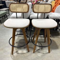 26.3" Rattan Bar Stools Set of 2 Linen Fabric Counter Height Swivel Barstools with Rattan Backrest and Wooden Legs,Armless Mid Century Modern Bar Chai