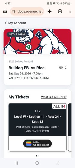 2-Fresno State Vs Rice Football Tickets for Sale