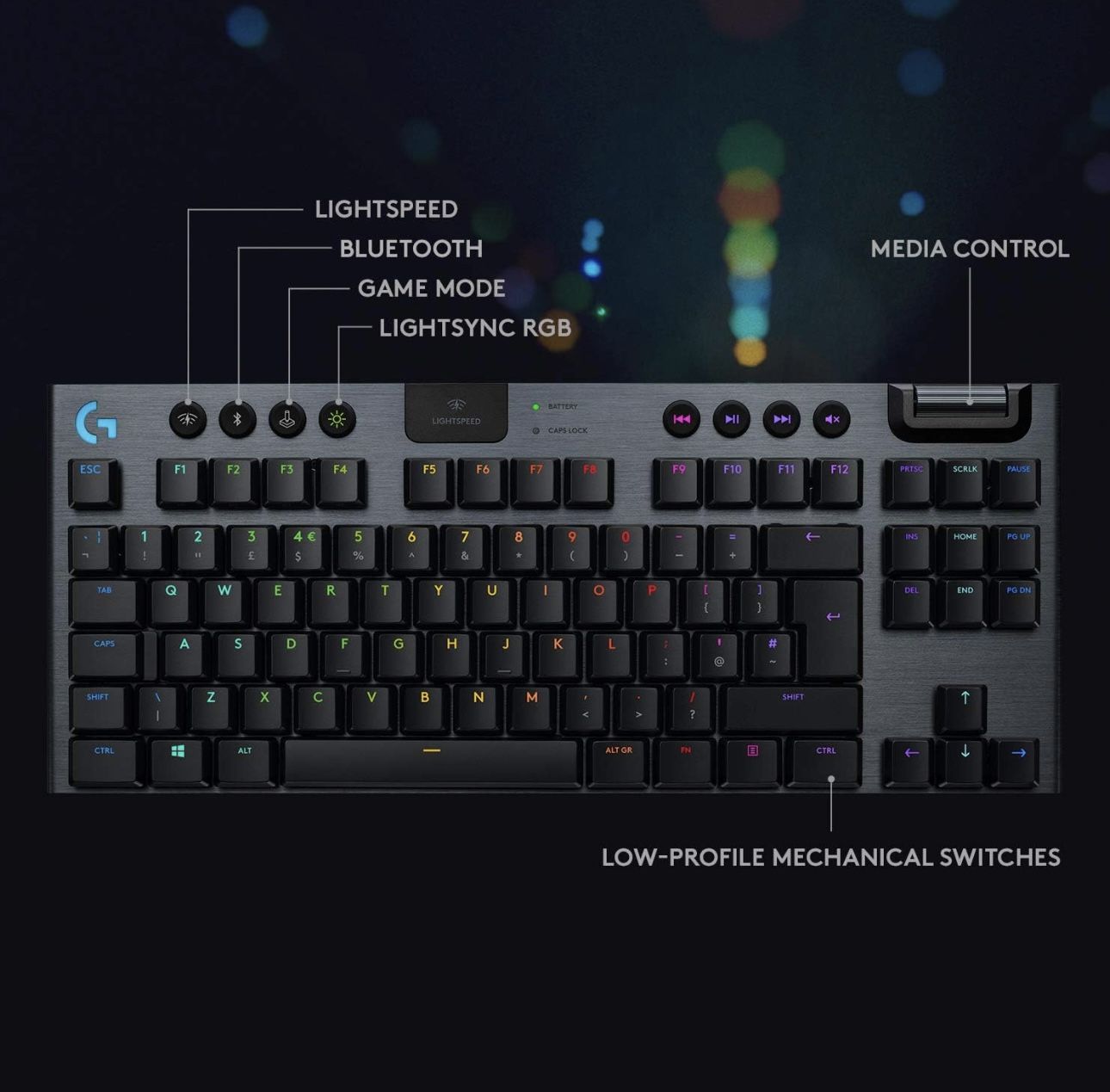 Logitech G915 TKL Tenkeyless Lightspeed Wireless RGB Mechanical Gaming Keyboard, Low Profile Switch Options, Lightsync RGB, Advanced Wireless and Blue