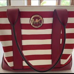 MICHAEL KORS RED WHITE STRIPE CANVAS TOTE
