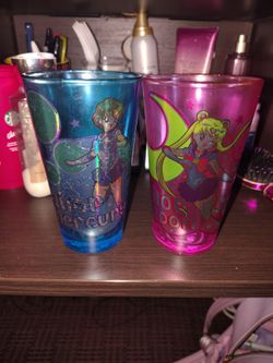 Sailor Mercury glass and sailor moon glass cups