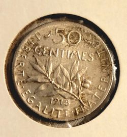 1918 France 50 Centimes Old Silver XF+ Coin