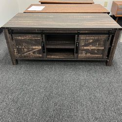 48 Inch Farmhouse Coffee Table with Sliding Barn Doors, Wood Cocktail Table Modern Rustic Rectangular Center Tables