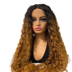 Front lace Curly Wig Black to Blonde long Wig