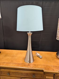 Modern Brushed Metal Table Lamp with Sky Blue Fabric Shade