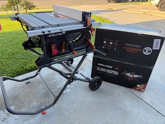 Evolution R10TS portable 10” Jobsite table saw, with multi-material cutting blade included.