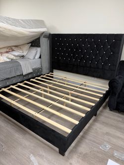 Black Velvet Tufted Wingback Bed Frame