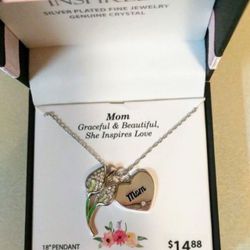 ~Women's Necklace~Brand New In Box~Silver Plated~Mom Lily Pendant~18"~Genuine Crystal~$7~