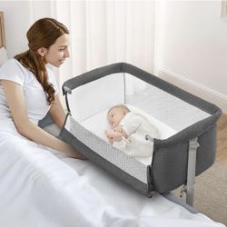 Bed Side Sleeper, Height Adjustable Bassinet Bed Easy Assemble, Breathable Mesh, for Infant/Newborn/Baby Boy/Baby Girl (Gray) 