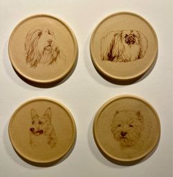 RARE! Set of 4 Vintage HONITON Pottery England Round Ceramic Dogs Coasters