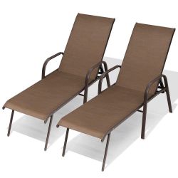 New 2-Piece Outdoor Chaise Lounge Adjustable Backrest Metal Frame Breathable Textilene Fabric Brown for Patio