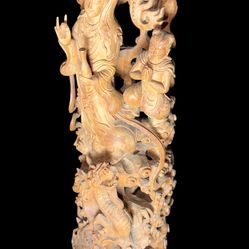 Hand Carved Wood Guan Yin + Dragons Buddhist Statue 