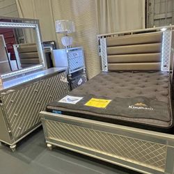 4PC LED Glam Bedroom set with King or Queen size bed frame