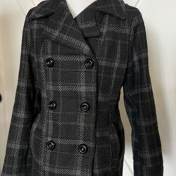 WOMEN'S Black And Gray XL Checkered Double Breasted Peacoat  Jacket