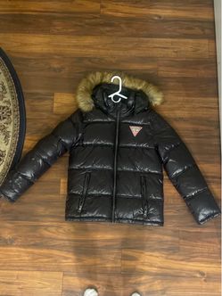 Guess Black Puffer Jacket with Faux Fur Hood