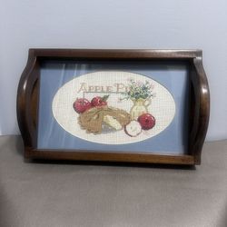 Vintage Cross Stitch Needlepoint Wood with Glass Serving Tray 15” x 9.3/4” 