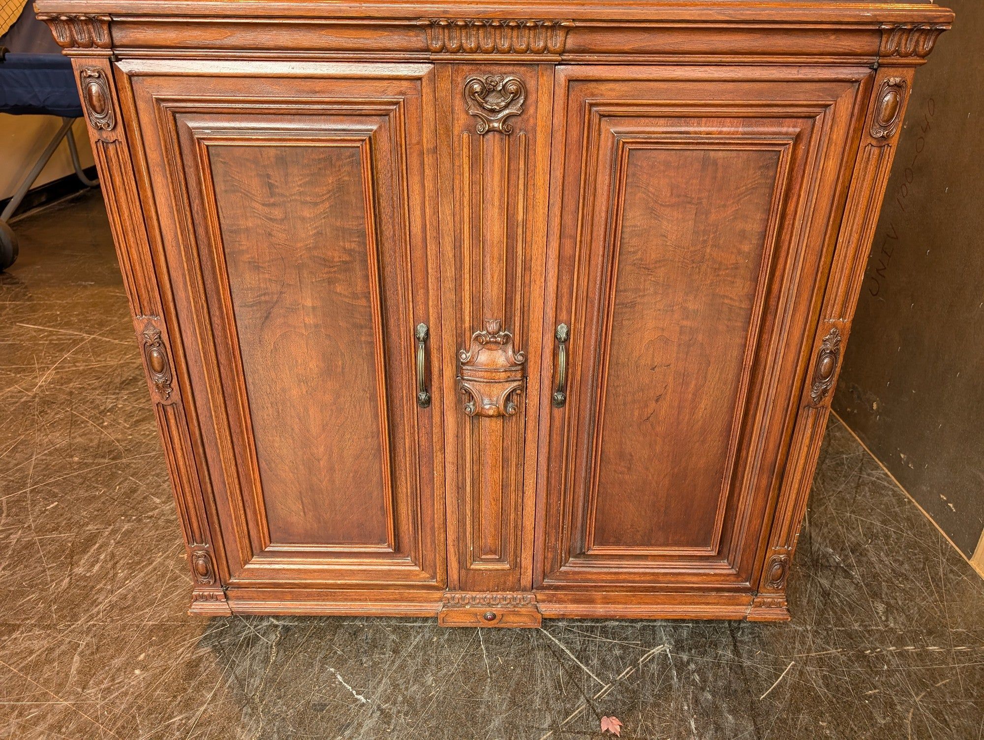 Ornate Carved Wood Sideboard Cabinet with Inlaid Panels