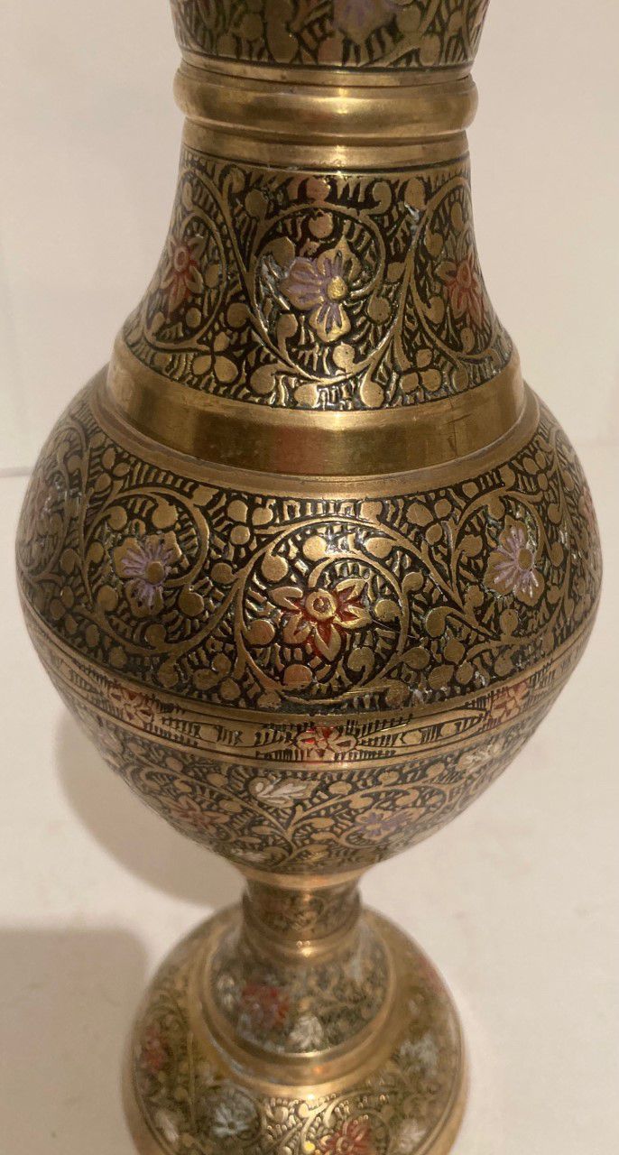 Vintage Metal Brass Vase with Intricate Enamel Inlays, 12" Tall, Heavy Duty, Home Decor, Table Display, Shelf Display, This Can Be Shined Up Even More