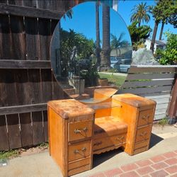 Vintage Art Deco Waterfall Vanity with Circular Mirror