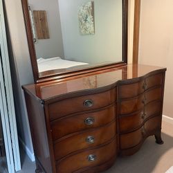 Antique Solid Wood Dresser With Matching Mirror