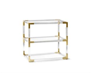 LUCITE AND GOLD SIDE TABLE WITH GLASS SHELVES