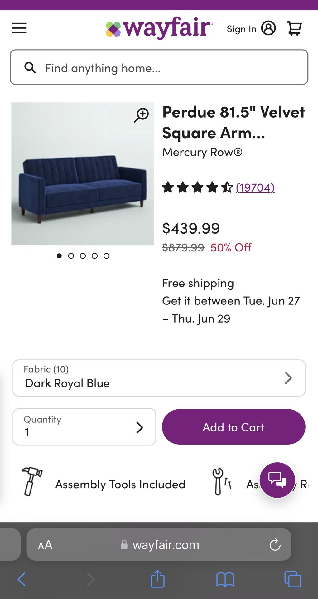 Perdue 81.5" Velvet Square Arm Convertible Couch ROYAL BLUE