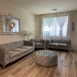 Gray Tufted Sofa Couch, 2 Chairs & Ottoman