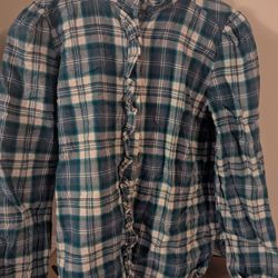 Loft Womens Green White Plaid Cotton Long Sleeve Button Front Blouse Size Small