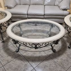 White Stone Coffee Table And 2 End Tables Set With Iron Legs and Glass top. 