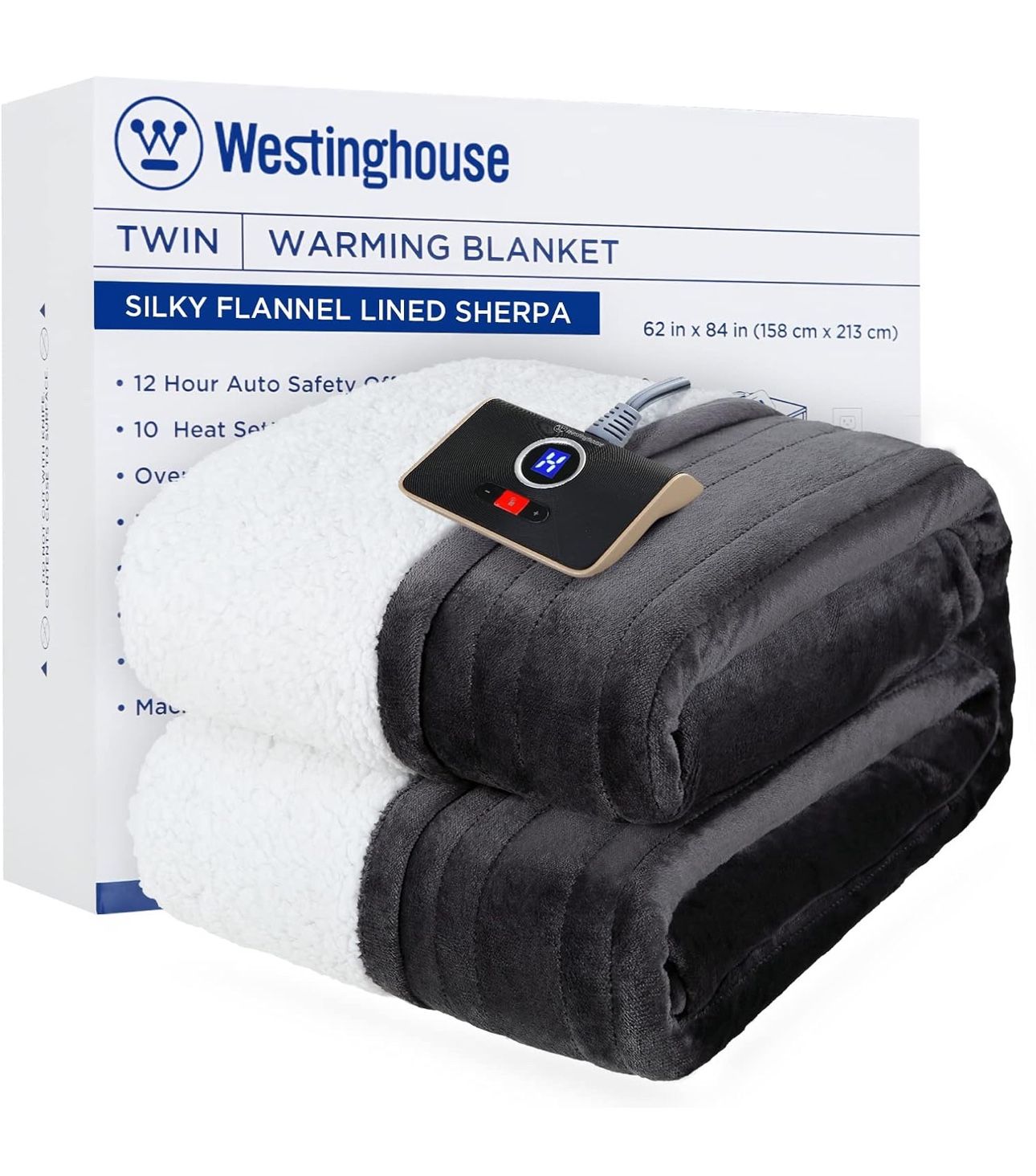 Westinghouse Heated Blanket Twin Size, Soft Flannel to Sherpa Electric Blanket with 10 Heating Levels, 12 Hours Auto Off, Fast Heating, Machine Washab