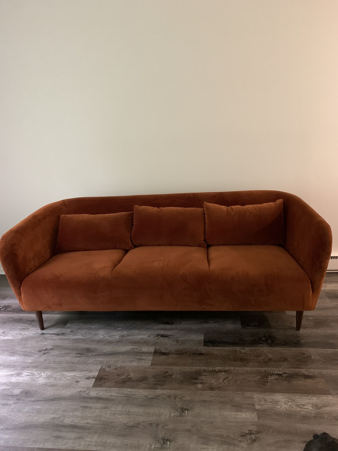 Velvet Couch — Rust Orange, Well Loved & Comfy, W/ Wooden Legs
