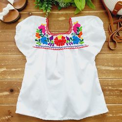 SIZE 6 GIRLS TRADITIONAL MEXICAN WHITE MULTICOLOR EMBROIDERED FLORAL PUFF SLEEVES COTTON TUNIC