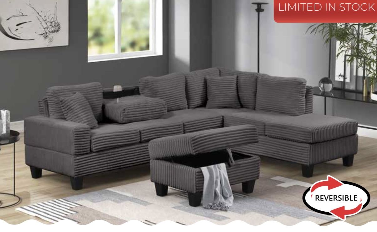 Black Friday Sale!!! Cozy Sectional With Drop Down Console With Cupholders  – now with a FREE Storage Ottoman!