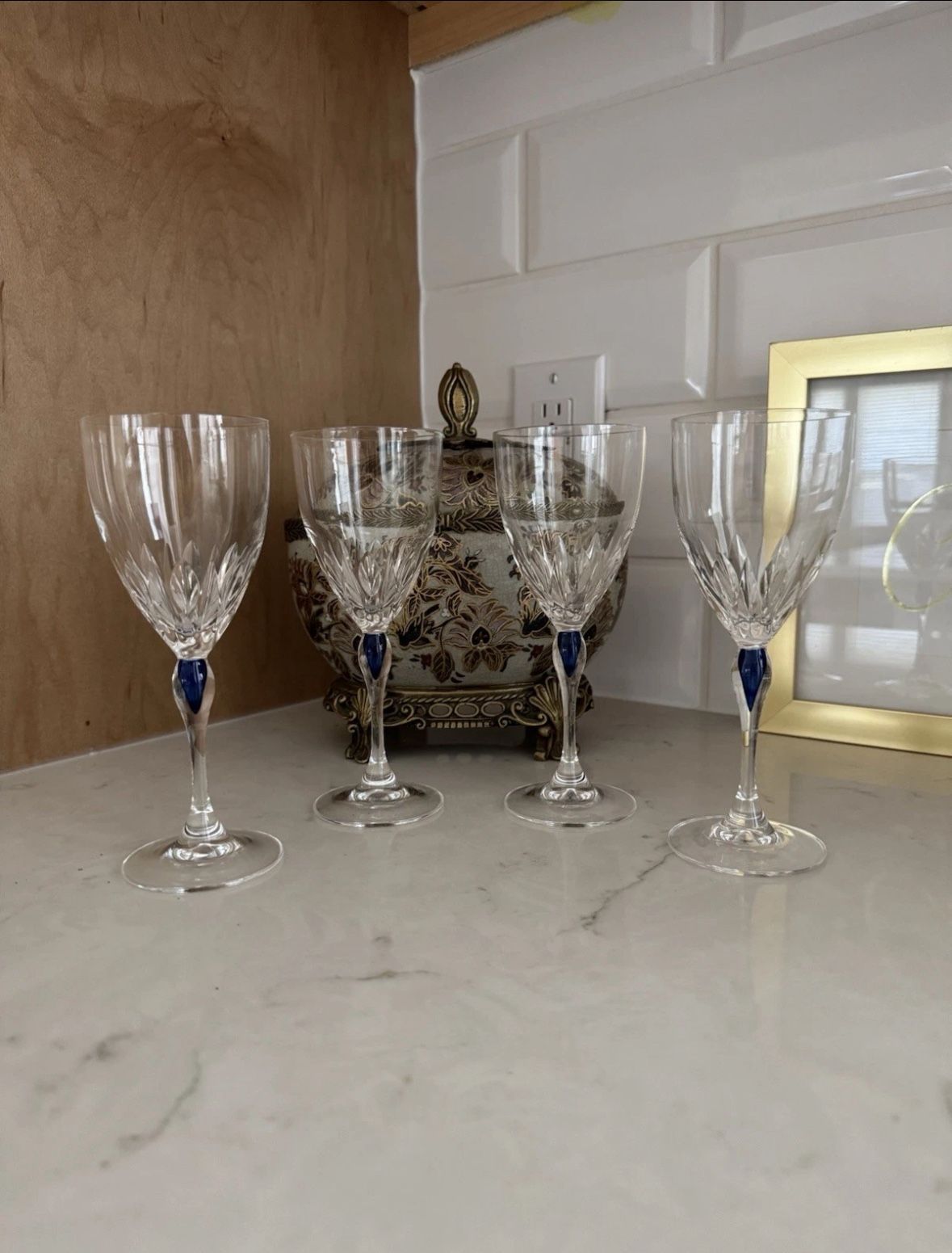 Cristal D'Arques SAPHIR TAILLE LANCE 7” H Water/Wine Glasses Blue Drop Set of 4