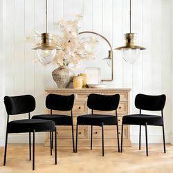 Boucle Dining Chair Set of 4, Mid Century Modern Upholstered Kitchen Chairs with Curved Backrest & Black Metal Legs, Round Dining Room Chairs, Black