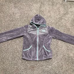 Kids Size 10/12 North face Fleece gray and teal fuzzy hoodie