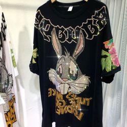 Bavage fancy rhinestones bunny T-shirt, Black, one size*