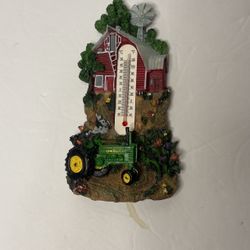 John Deere Farm Scene Thermometer Tractor Barn Painted 7in Wall Decor Red Green