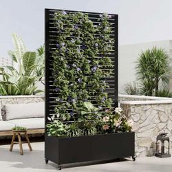 Newly Assembled Metal Planter Box with Trellis and Wheels, 73"x35"x16" Galvanized Steel Raised Garden Bed with Drainage Holes and Privacy Screen