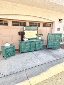 Vintage French Provincial Bedroom set - Jade Green + Gold ✨ (Dresser, Nightstand, Chest + Mirror)
