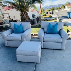 Beautiful Silver Ethan Allen Armchairs And Ottoman 