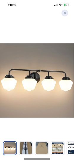 “Mew” 4 light  “Matte” Black vanity light  w-milky white bell shades