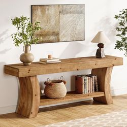 Solid Wood Console Table, 63" Farmhouse Sofa Table Behind Couch, 2-Tier Low TV Console for Living Room, Entryway, Hallway