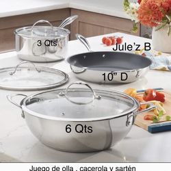 Juego De Olla De 3 Qts Cacerola De 6 Qts Y Sartén De 10” Nuevos En Sus Cajas 