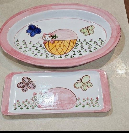 Cat serving platters from France. Rare vintage