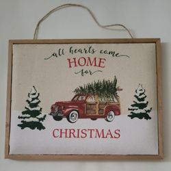 “All Hearts Come Home For Christmas” Wood Framed Canvas Picture Vintage Red Truck With Decor Frame