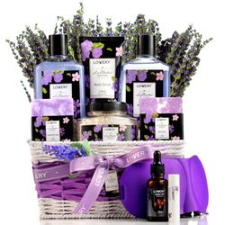 Spa Gift Basket, Lavender Bath and Body Soap Set, Oil, Bath Bomb Lip Balm