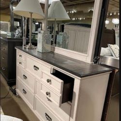 📌Sawyer Antique White/Brown Dresser And Mirror $10 Down Payment Financing and delivery Available 